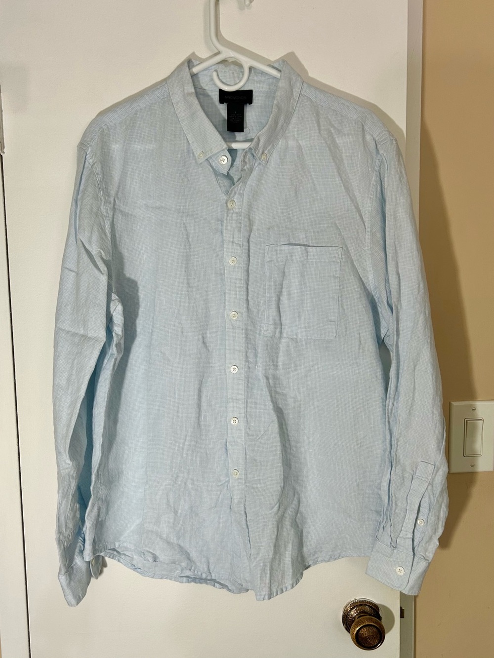 Magaschoni Man Pale Blue 100% Linen Button-Down Long Sleeve Shirt, Men’s Large
